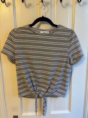 Mango Gray & White Striped Tie-Front Crop Top